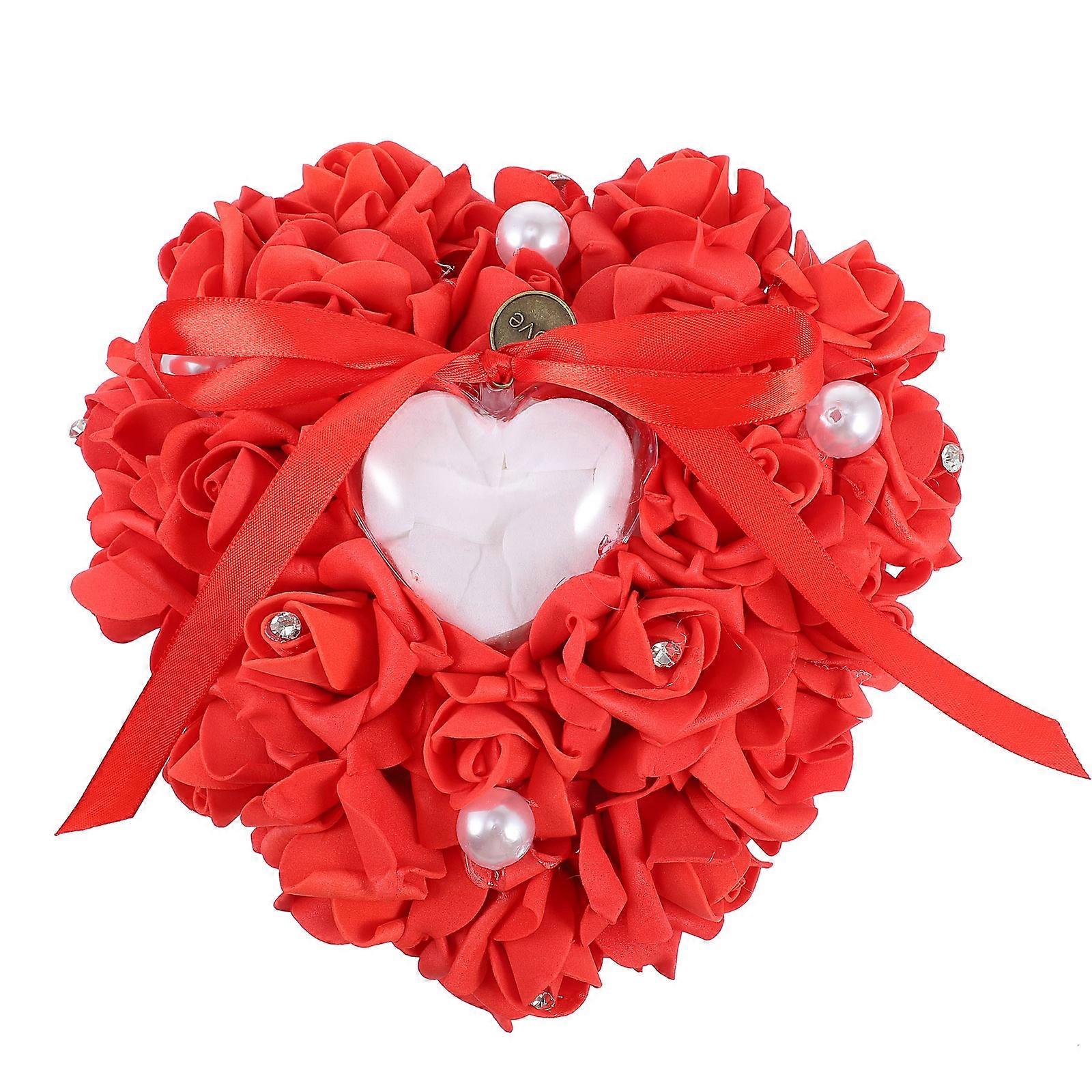 Elegant Rings Pillow Heart Shaped Cushion Anniversary Wedding Accessories Red Color 18X17CM 1Pcs