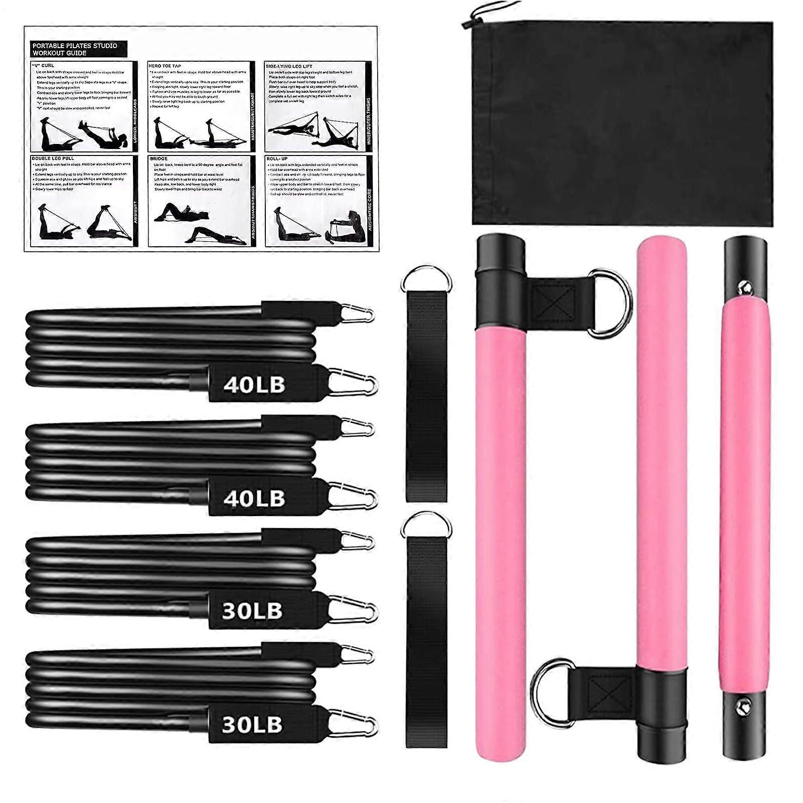 Pilates Home Kit Bar Workout - Adjustable Multifunctional Training Device for Core Strength, Legs, Hips, Arms - 25 x 40 x 7 cm, Rose