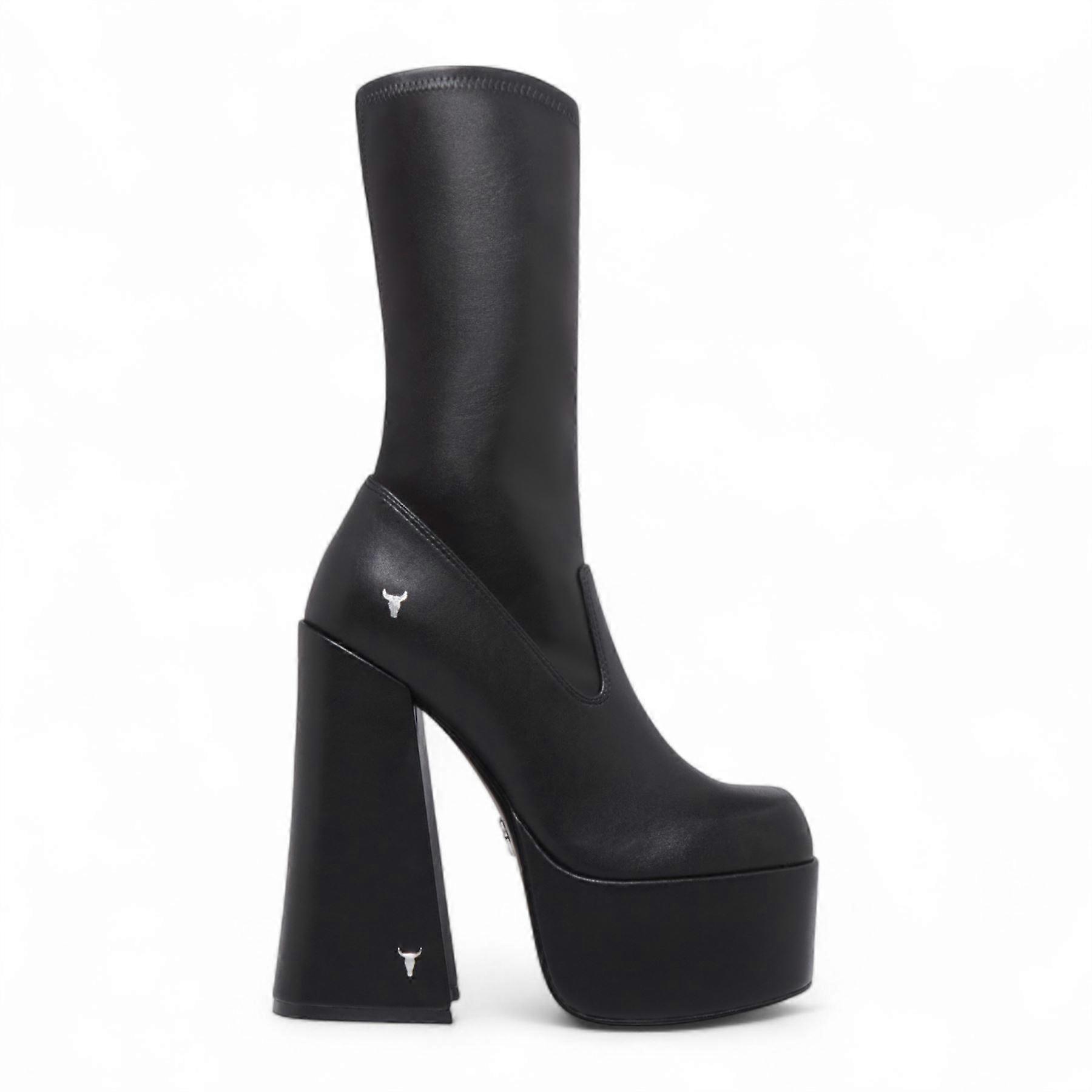 Windsorsmith Womens Black Mid-Calf Sock Platform Goth Heel Boots - Saviour