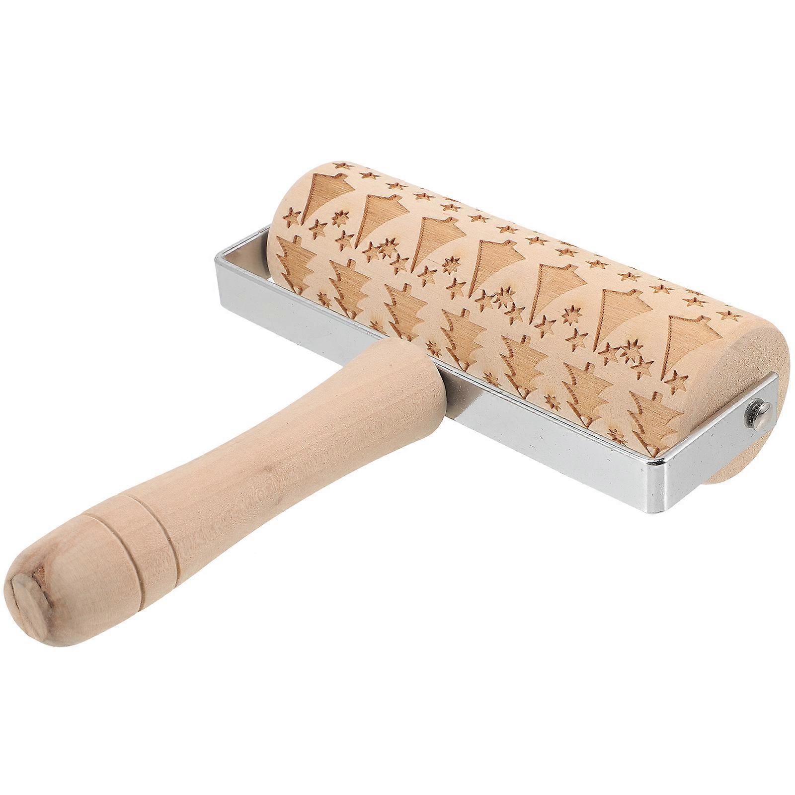 Round Cylinder Rolling Pin With Engraved Christmas Tree Pattern Multi 18x15cm Bakers 1Set