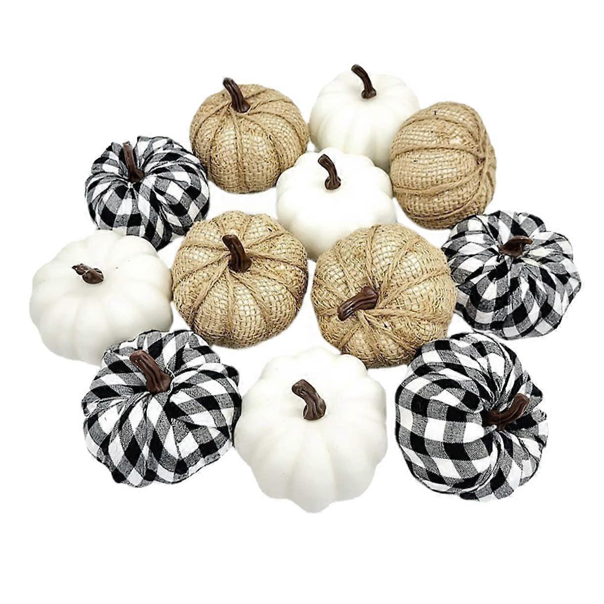 Halloween Artificial Pumpkins Set 12 Pieces Checkered Fabric Pumpkin Models Faux Pumpkin for Party