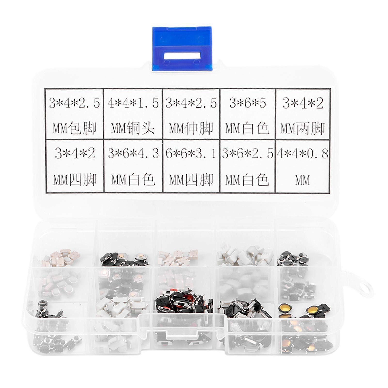 250Pcs Tactile Push Button Micro Switch Assortment for Car Remote Control Key with Box
