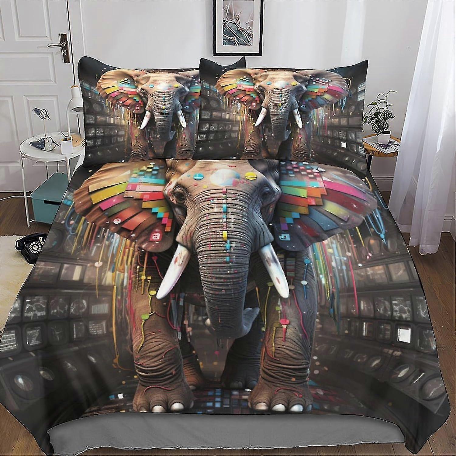 Conjunto de capa de edredom de elefante Conjunto de cama 3D Microfibra Poliéster Impressão criativa Capa de edredom com travesseiros, conjunto de 3 peças, colcha com zíper 