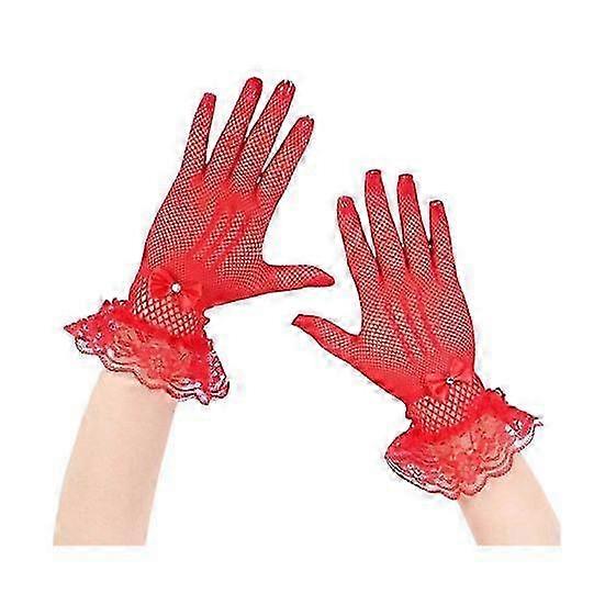 1 زوج من قفازات الحفلات الراقصة النسائية الشفافة من الدانتيل مع ديكور اللؤلؤ الصناعي وحافة الكشكشة - قفاز الزفاف والأداء بإصبع كامل