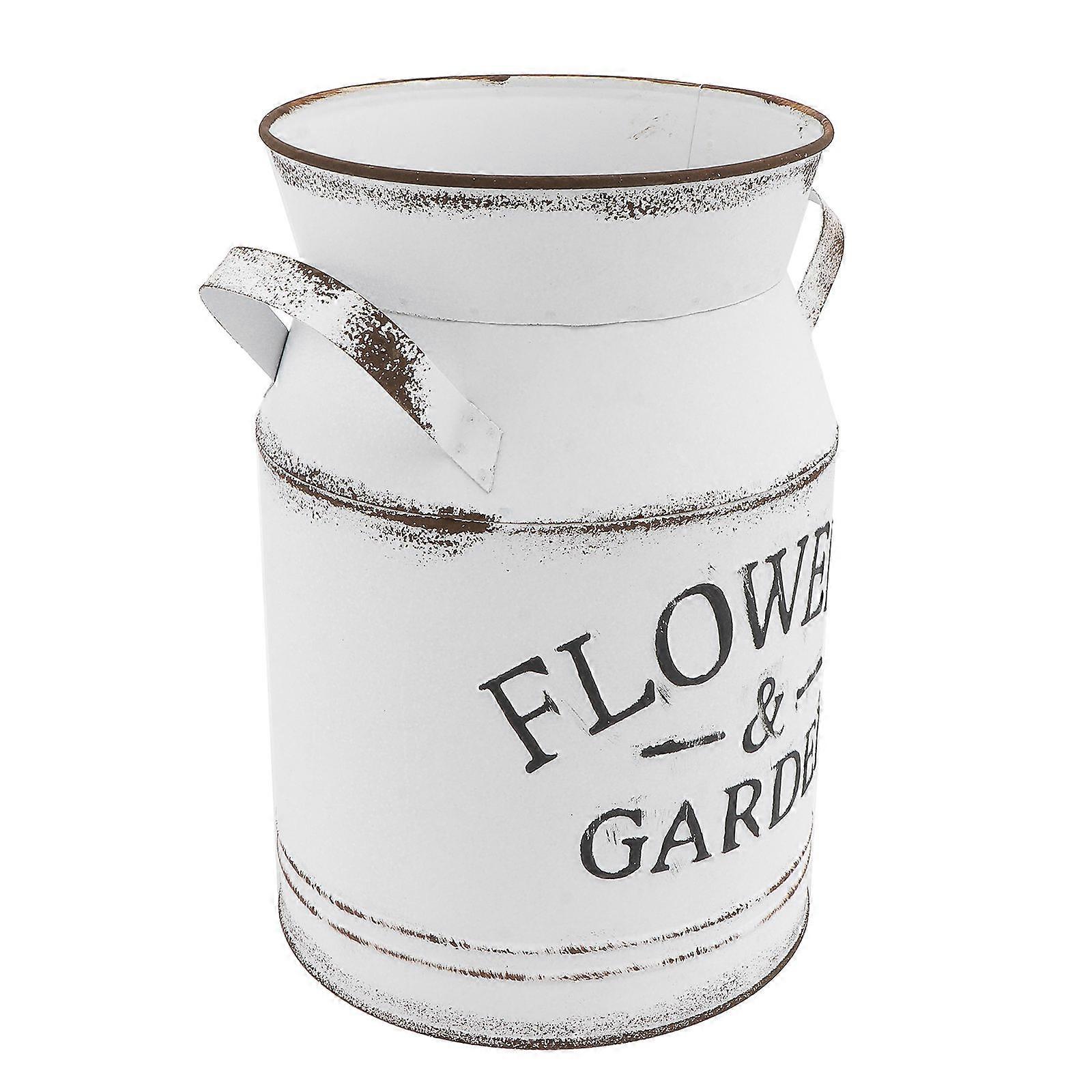 Metal Flower Planter Vintage Vase White Letters Pattern Size S Galvanized Sheet Material Rustic Jug Office Decor 1Set