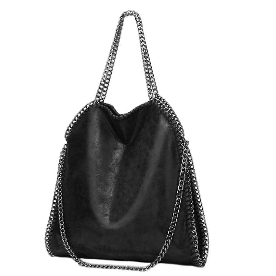 Chain Shoulder Bag, Large Black PU Leather Purse for Women, Casual Zipper Handbag with Chain Strap, Fashionable Design