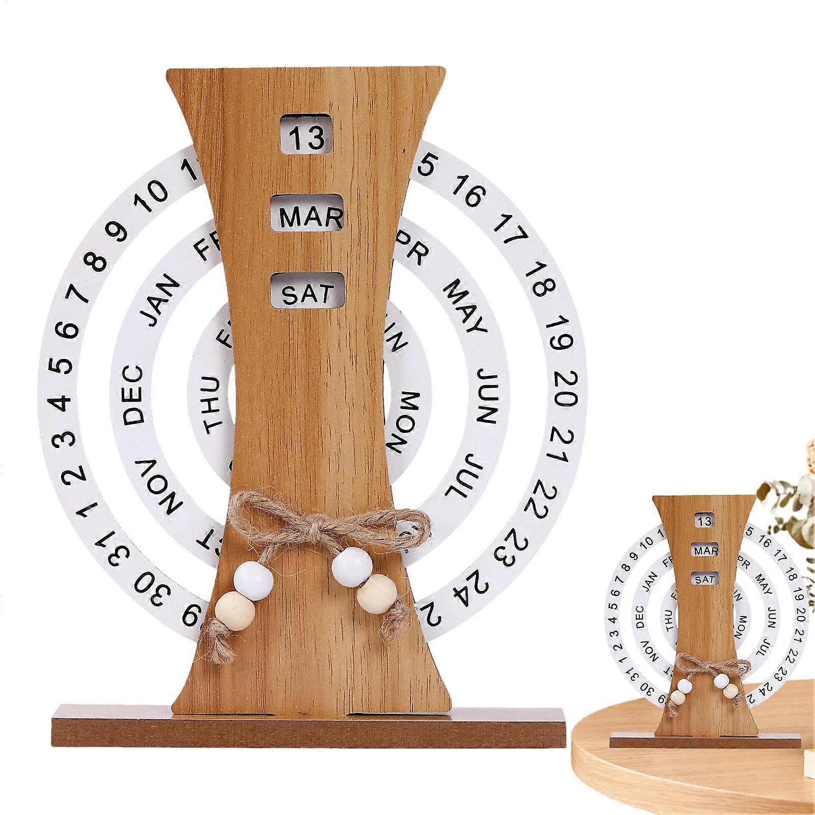 Wooden Calendar, Vintage Manual Rotating Desk Calendar, Reusable Daily Display for Tabletop and Bookshelf