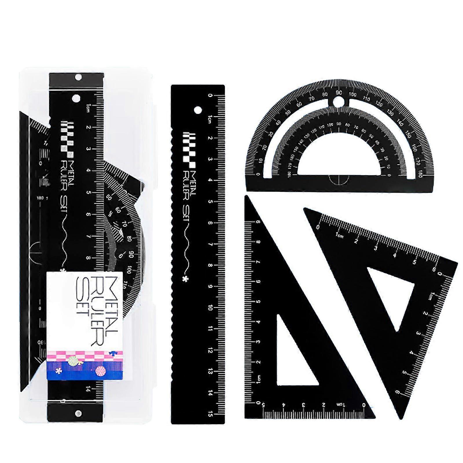 Aluminum Alloy Ruler Set of 4, Technical Drawing Tools for Mathematics, Geometry, and Architecture, Black Color