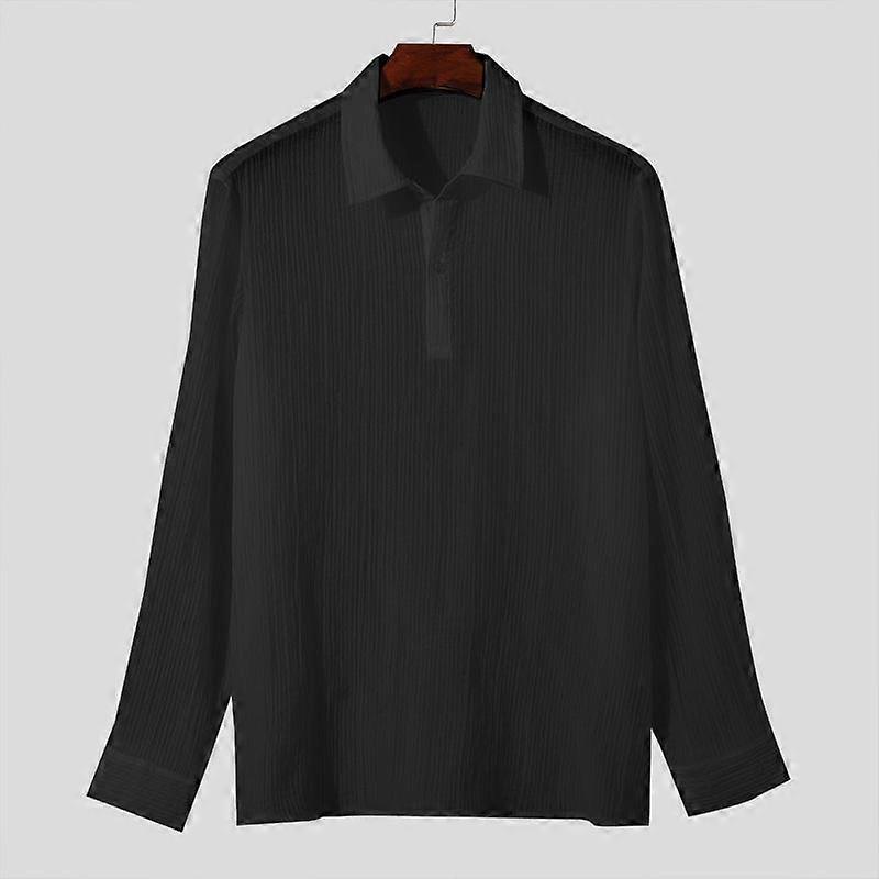 INCERUN Men Summer VNeck Long Sleeve Solid Color See Through Shirts