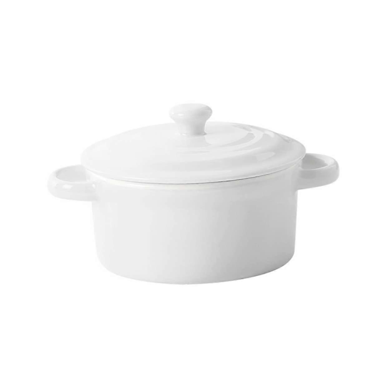 Ceramic Bowl with Double Handles and Lid for Food Preparation, Soups, Puddings, and Egg Custard, Pure White