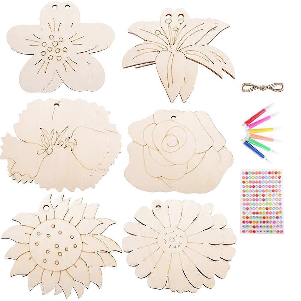DIY Wood Slices Flower Shape Crafting Decorations for Children 8X8cm Colorful Design 1 Set