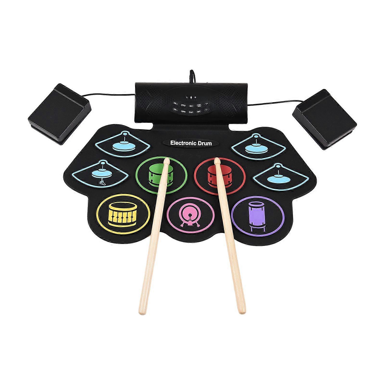 Electronic Drum Set Portable Roll Up Drum Practice Pad Bluetooth Wireless Electric Drum with Drum Sticks Pedals Black