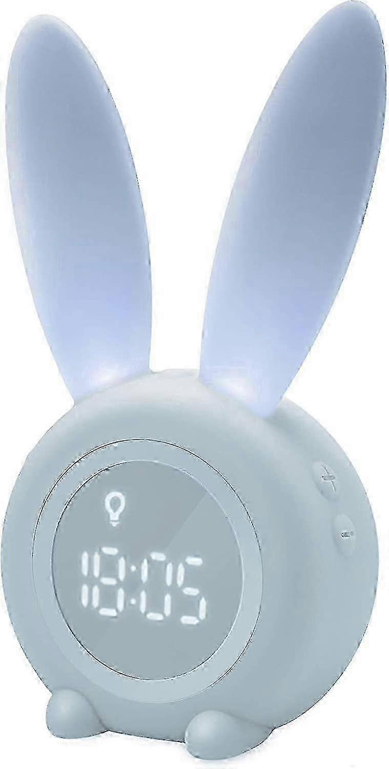 Sveglia coniglio carino blu con luce automatica, ora, data e visualizzazione della temperatura per la camera dei bambini