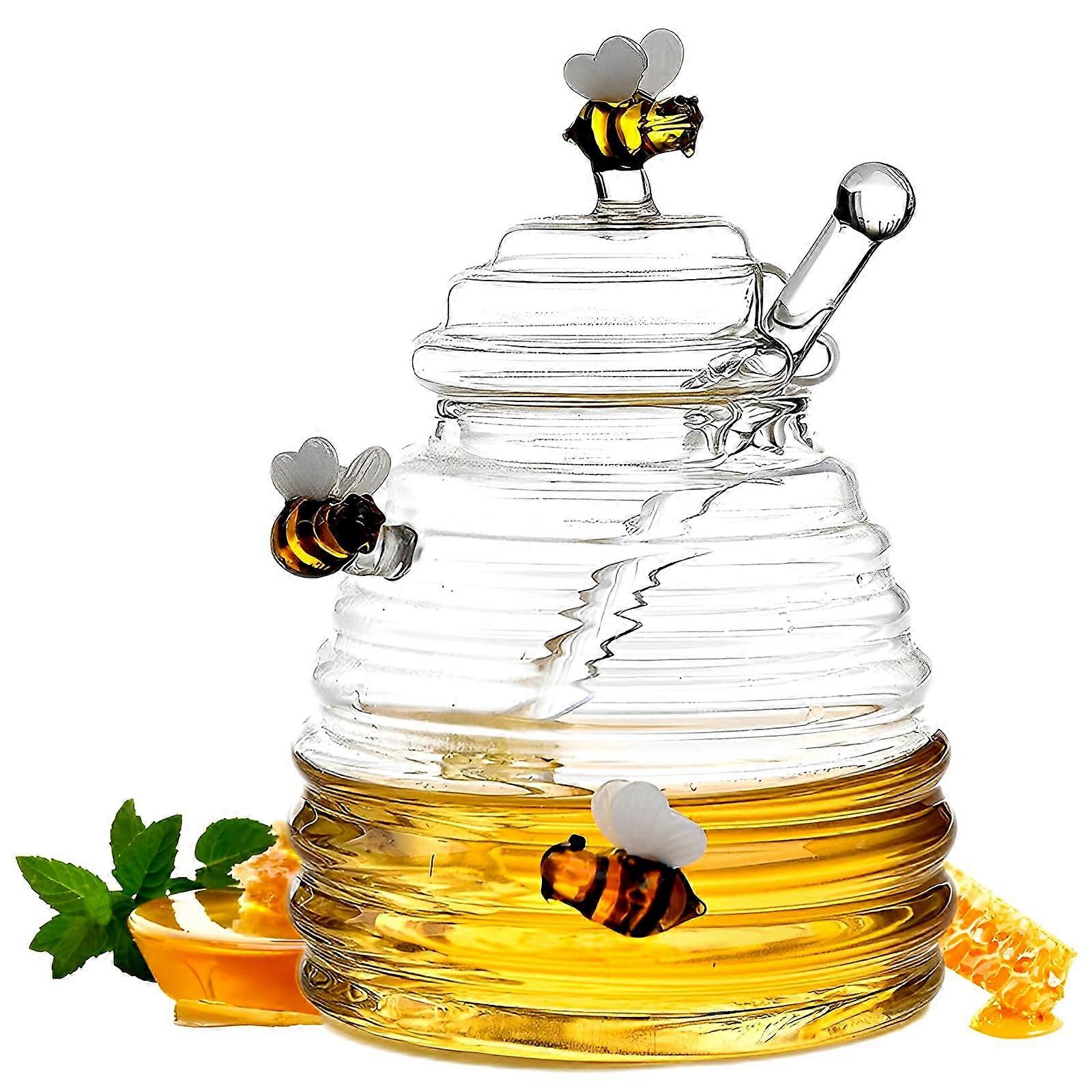 Honey Dispenser With Dipper And Lid, Clear Glass, Large Capacity, Dipper Included, Clear