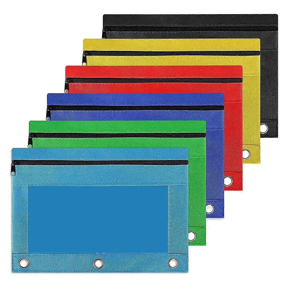 6 Pack Colorful 3 Ring Zipper Pencil Pouch Fabric Pencil Case Sturdy AU Durable Binder Pouch with C