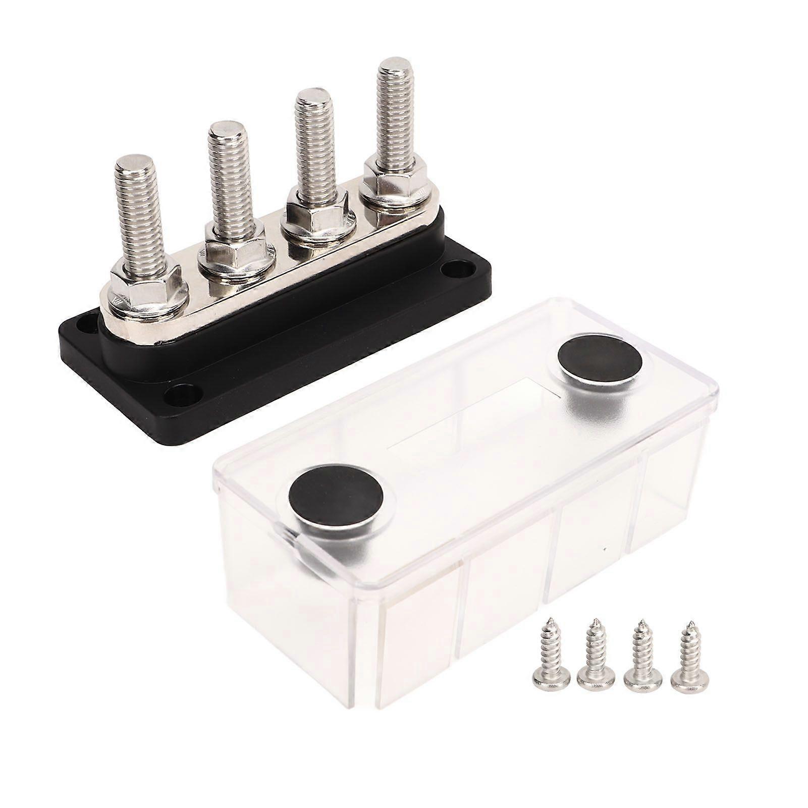 4 Post Power Distribution Block 3/8inch M10 Studs Battery Bus Bar with Cover DC12V to 48V 300A for Cars Boats RVs Black