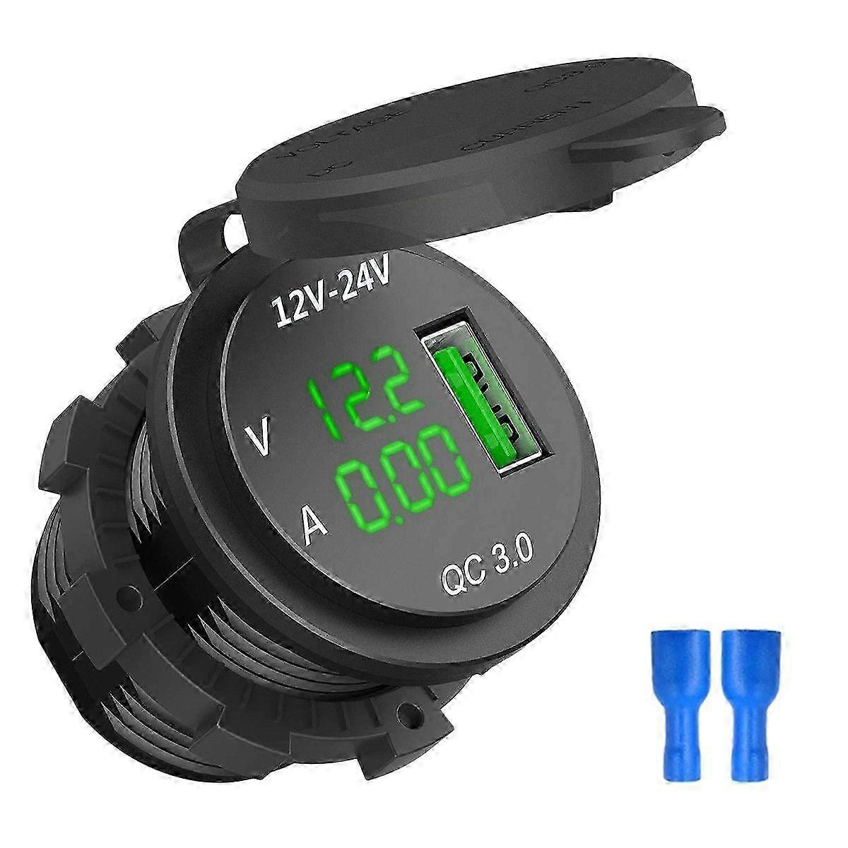 12V and 24V Fast Charging Cigarette Lighter Socket with USB, Led Voltmeter and Ammeter - Black
