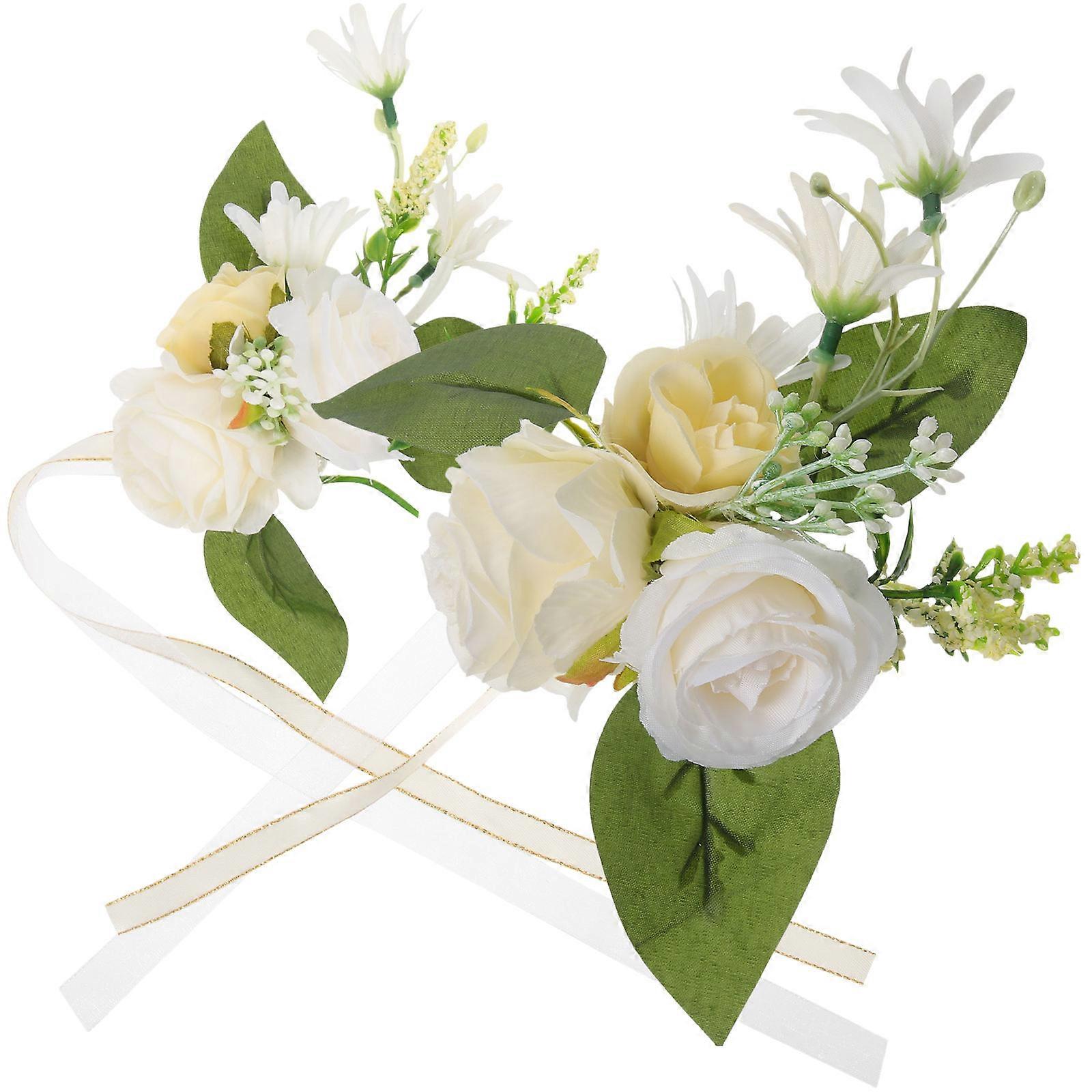 Bride Wristband Corsage Flower Wedding Prom Artificial Silk White Decorative 1 Set