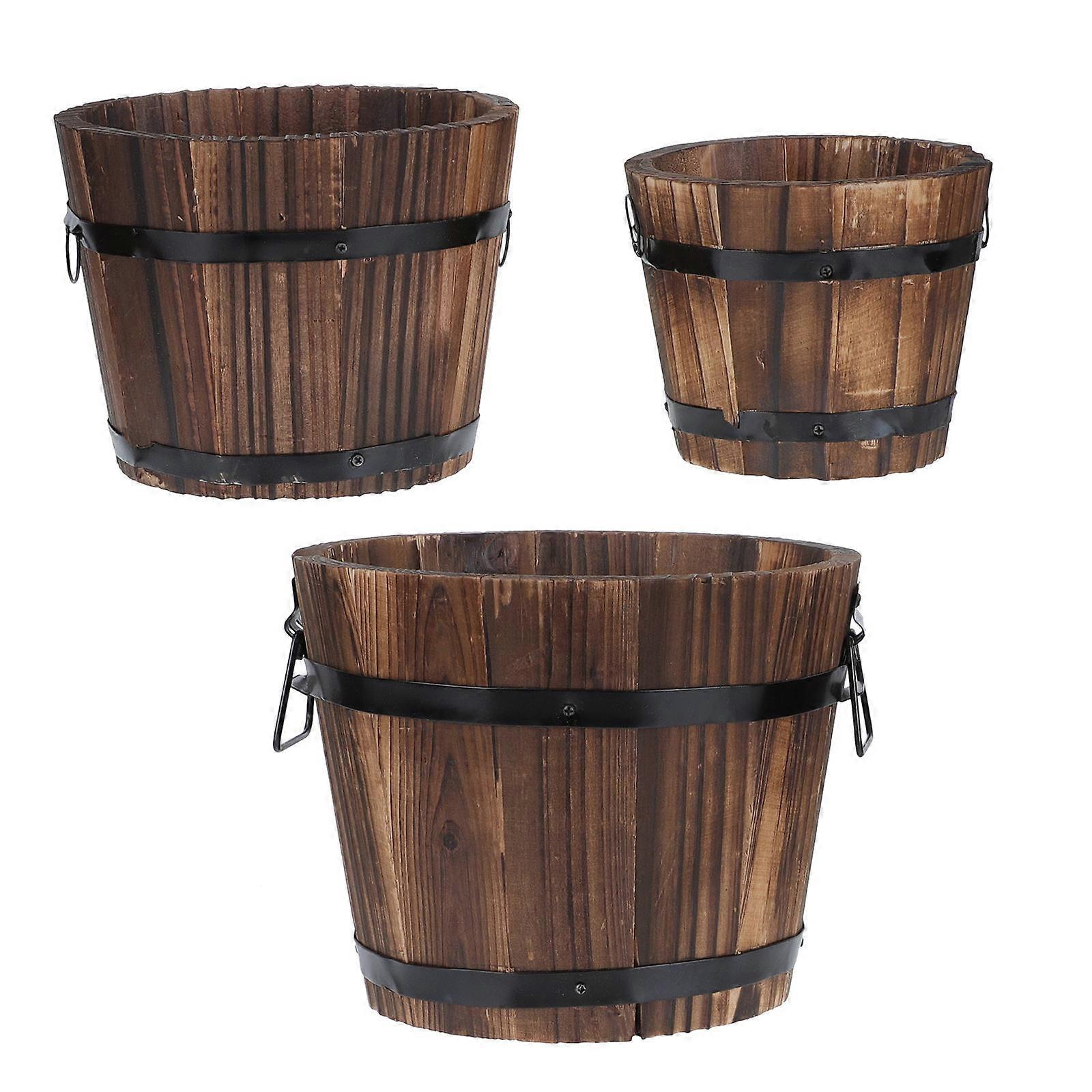 6Pcs Wooden Barrel Flowerpot for Storage Coffee Color Decorative Bucket