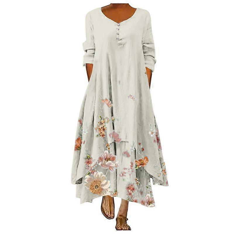 Minglan Ladies Casual Floral Dress O Neck Long Sleeve Irregular Loose Long Dress
