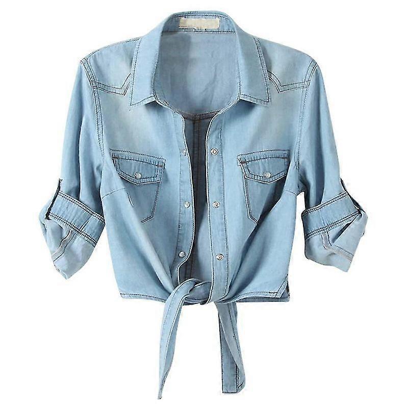 Minglan Women's Casual 3/4 Sleeve Button Down Crop Jean Top Knot Tie Denim Shirt Jacket