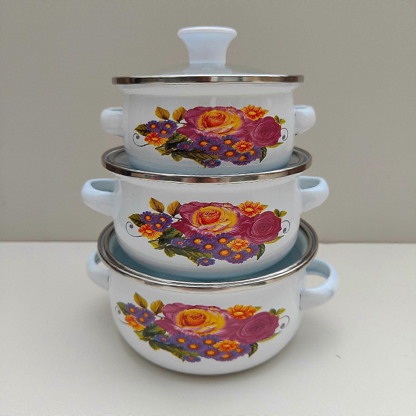 3 pcs Small Pots Kitchen Enamel Pot Stackable Pan Cooking Pots Stock Pot with Lids