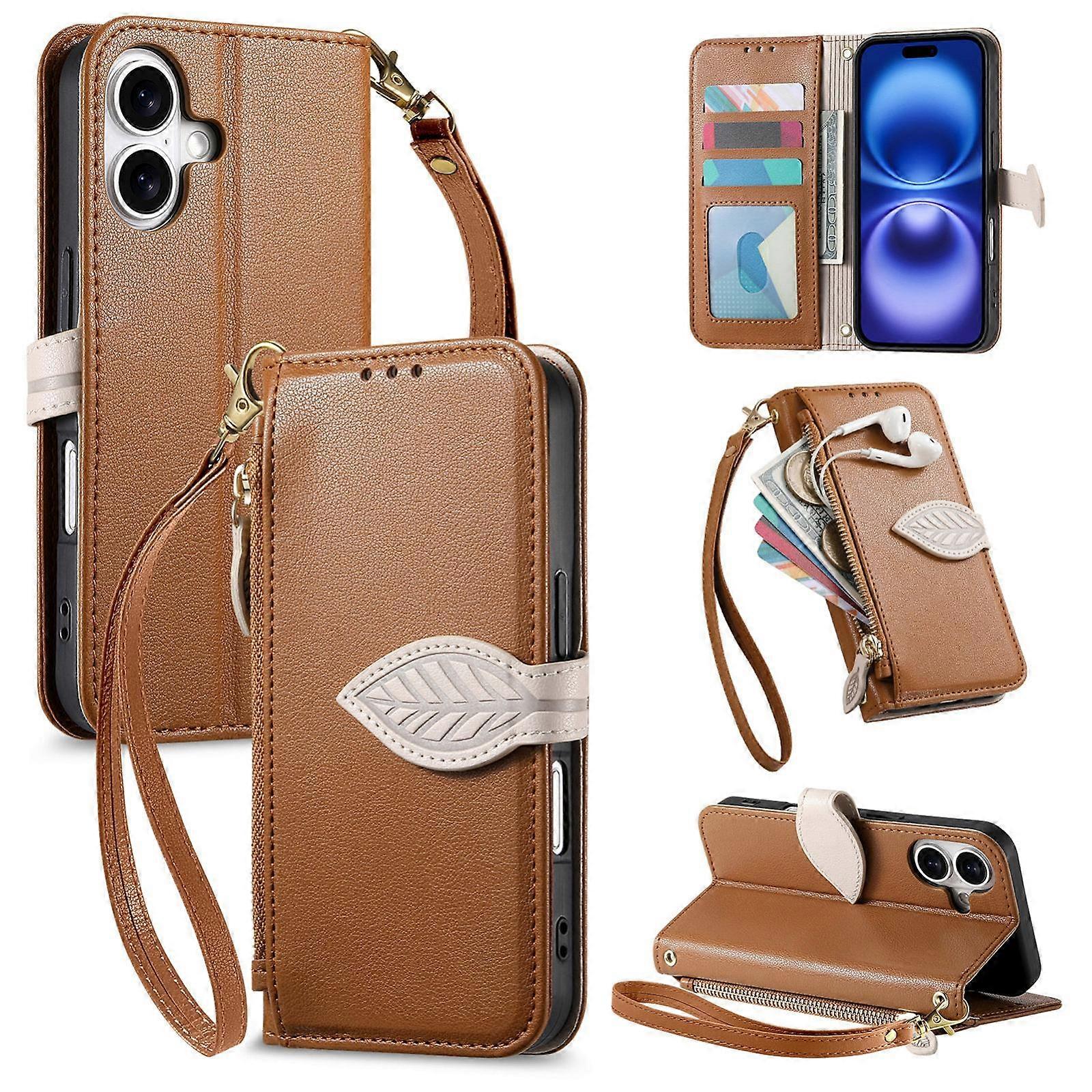 Leaf Buckle Zipper Wallet Leather Phone Case with Strap