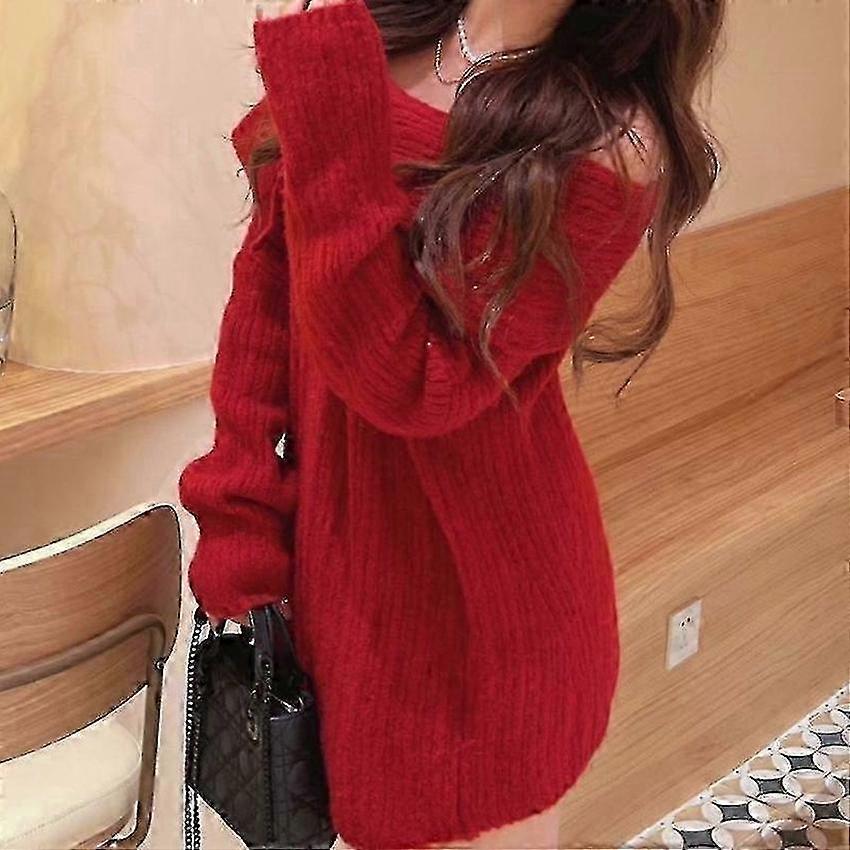 Lös långärmad stickad tröja för kvinnor höst vinter blus med lös axel