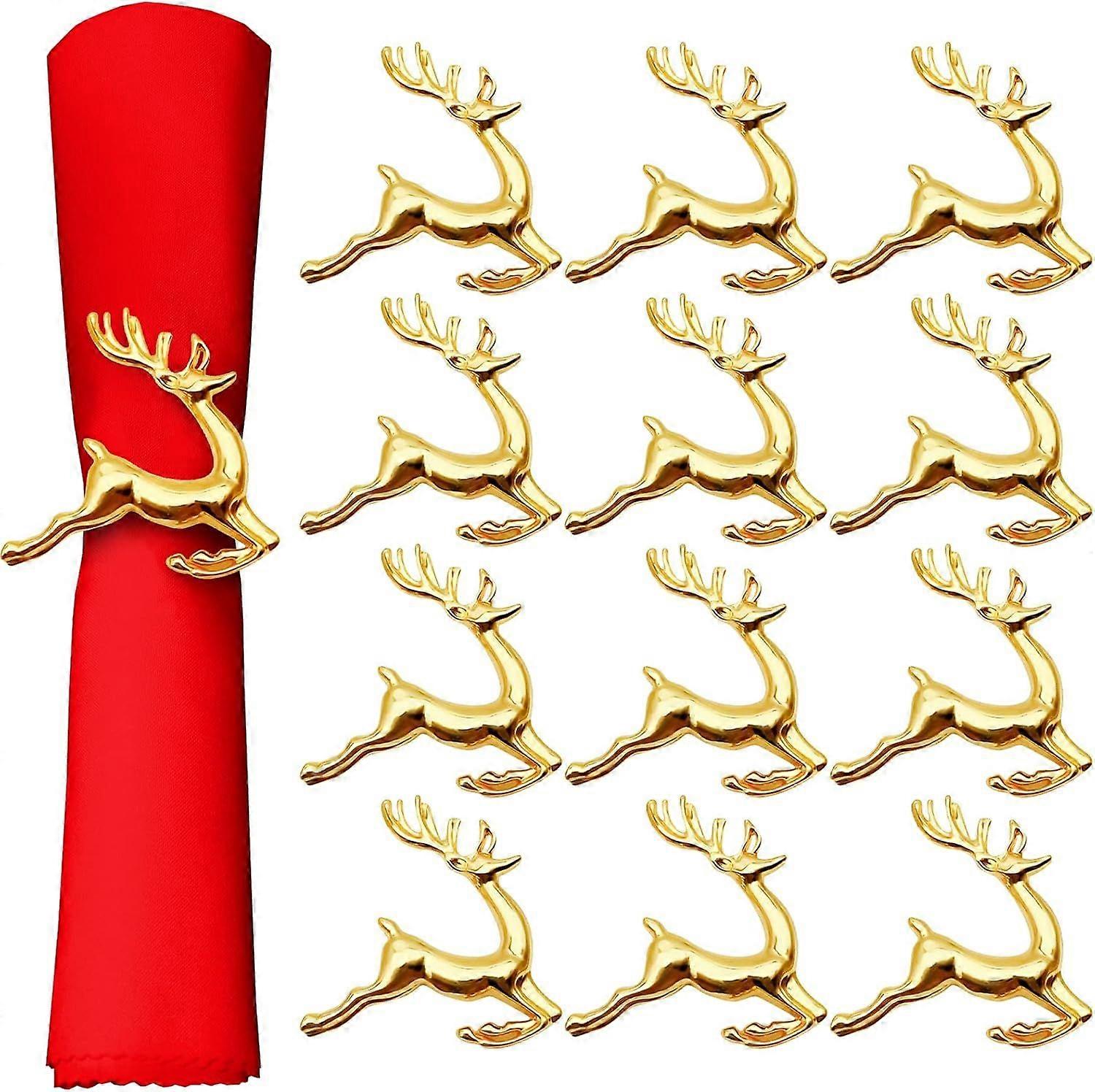 Set of 12 Christmas napkin rings in the shape of a moose, gold and clear. Includes napkin clips.