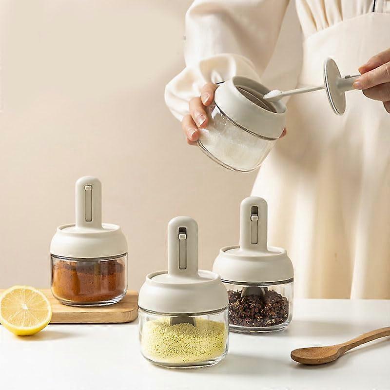 Glass Seasoning Jar with Retractable Spoon, Airtight Lightweight Container for Kitchen Condiments and Spices