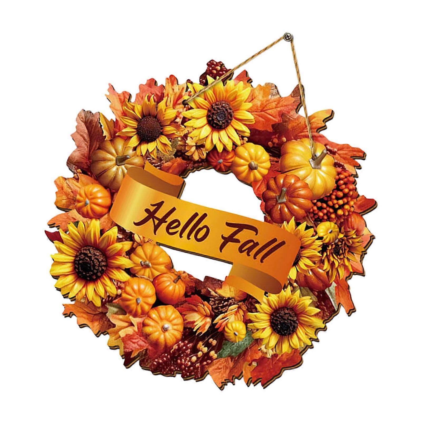 Thin Tilia Wood Fall Themed Home Deck Sign Highlighting Garden Pumpkins And Plane Fronds Multicolor