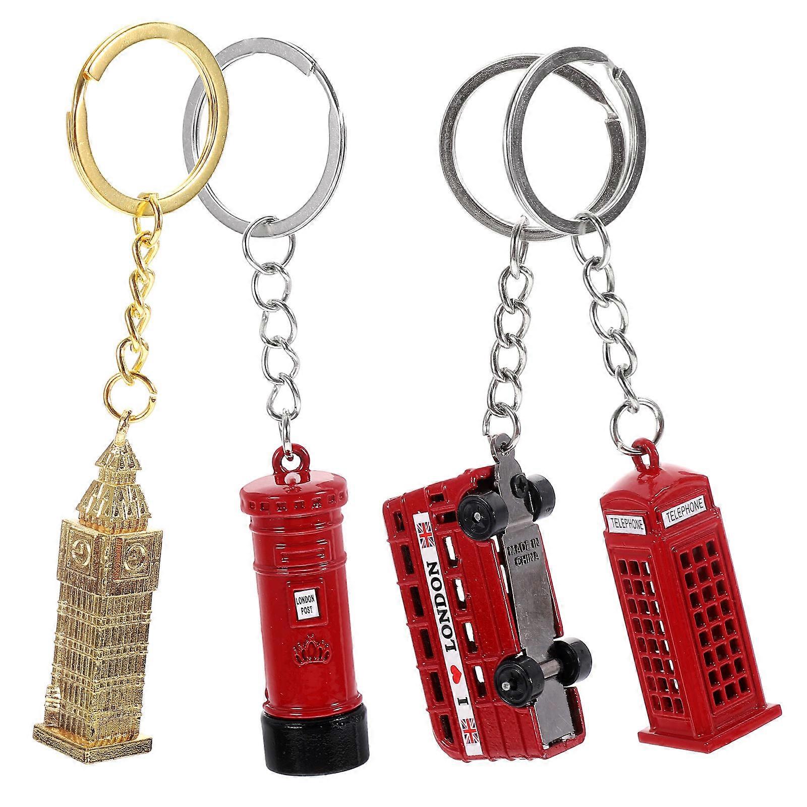 4pcs British Element Key Chain Stylish Alloy Keychain Pendant Unisex Bag Hanging Charm
