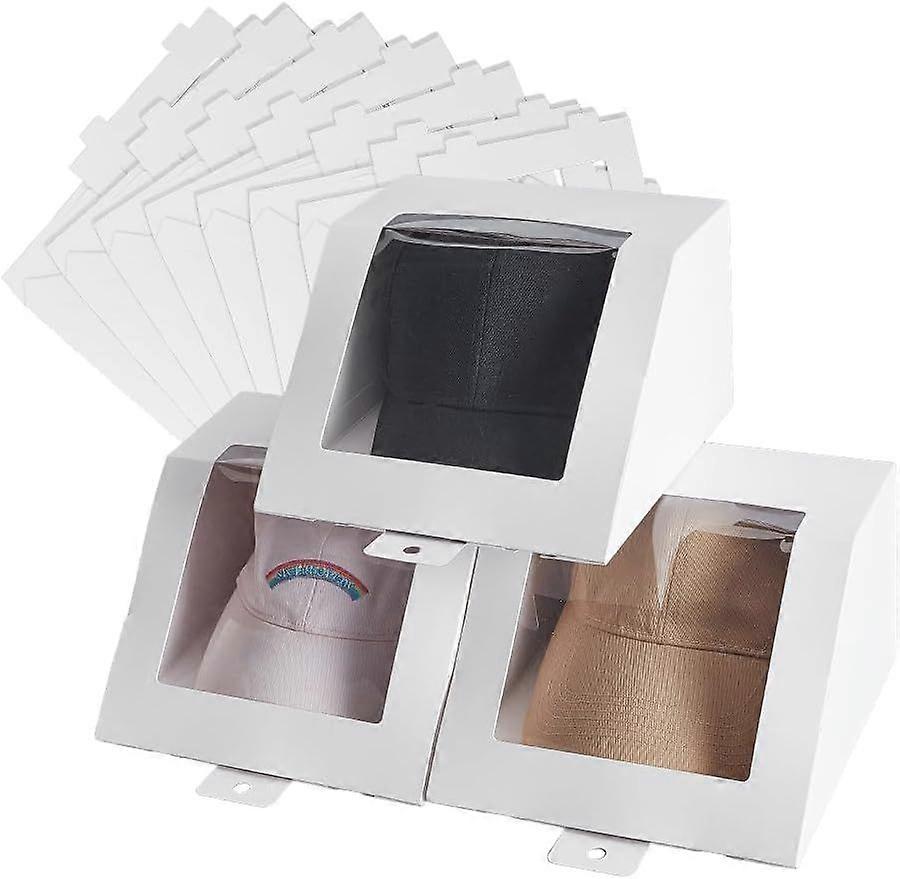 10 Pcs White Hat Storage Box Foldable Cardboard Gift Storage Boxes with Clear PVC Window 7.8" x 7.8" x 4.7" Storage Containter for Baseball Hat Displa