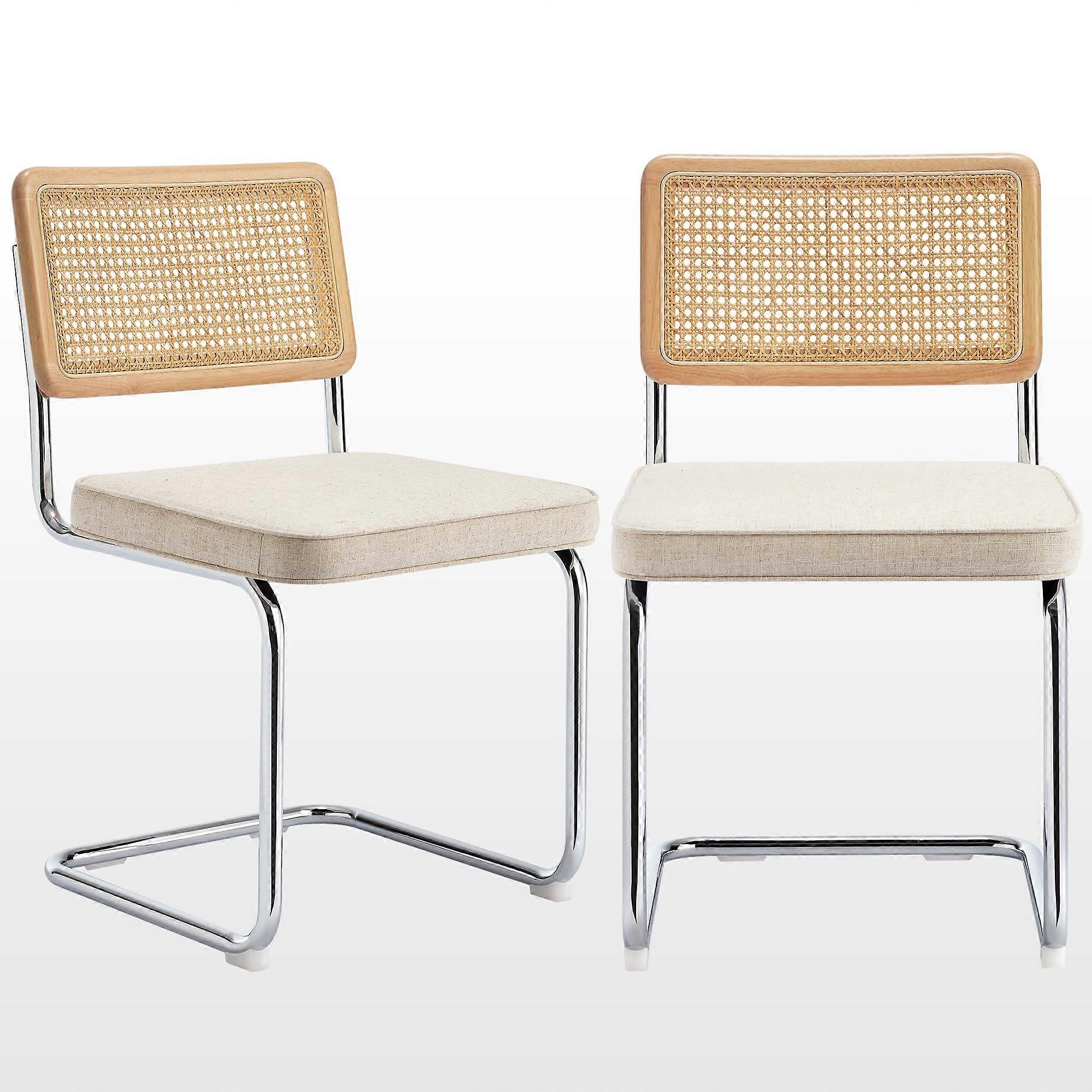 Mid Century Modern Rattan Dining Chairs Set of 2 with Beige Linen Upholstery and Chrome Base