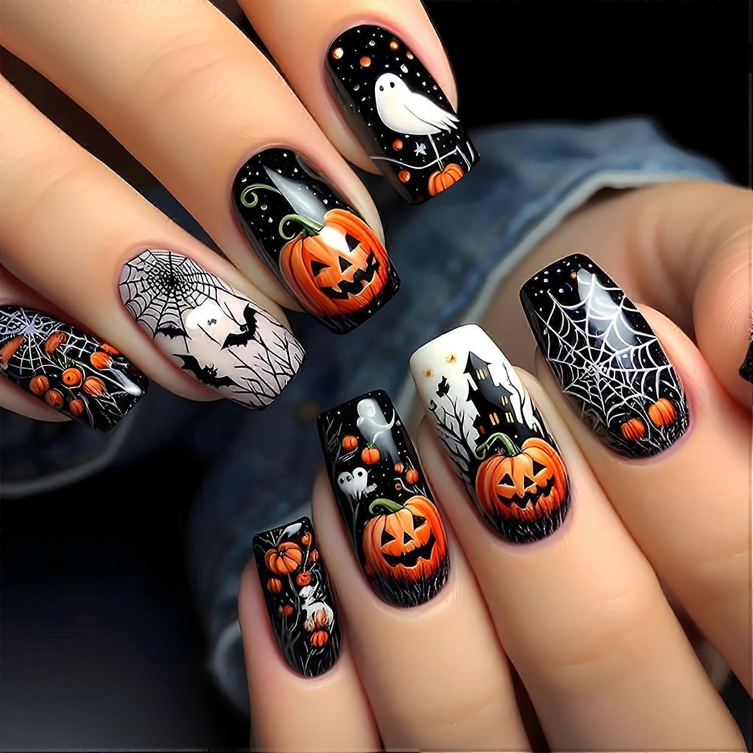 Halloween Press on Nails Medium Square Acrylic False Nails with Pumpkin and Bat Design Reusable Set