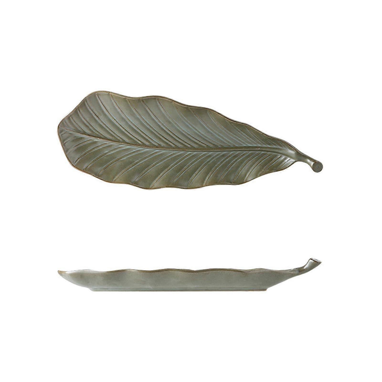 Ceramic Serving Plate Gray Blue Leaf Design Long Pastry Platter Microwave Dishwasher Safe