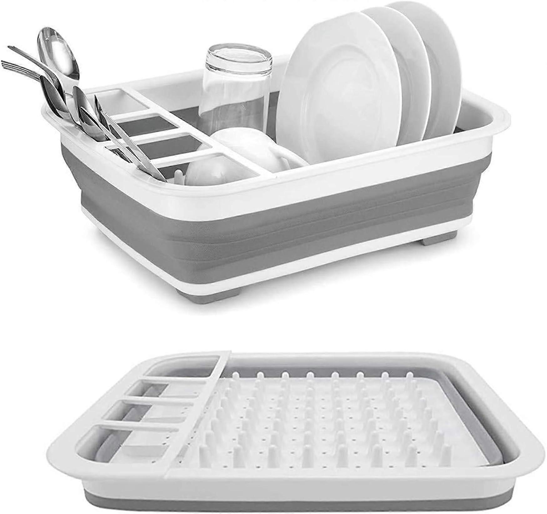 Collapsible Dish Drying Rack for Kitchen and RV, Foldable Space Saving Drainer Organizer, Grey White