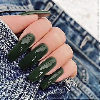 24Pcs Glossy Deep Green False Nail Wearable Long Fake Nail for Women and Girls