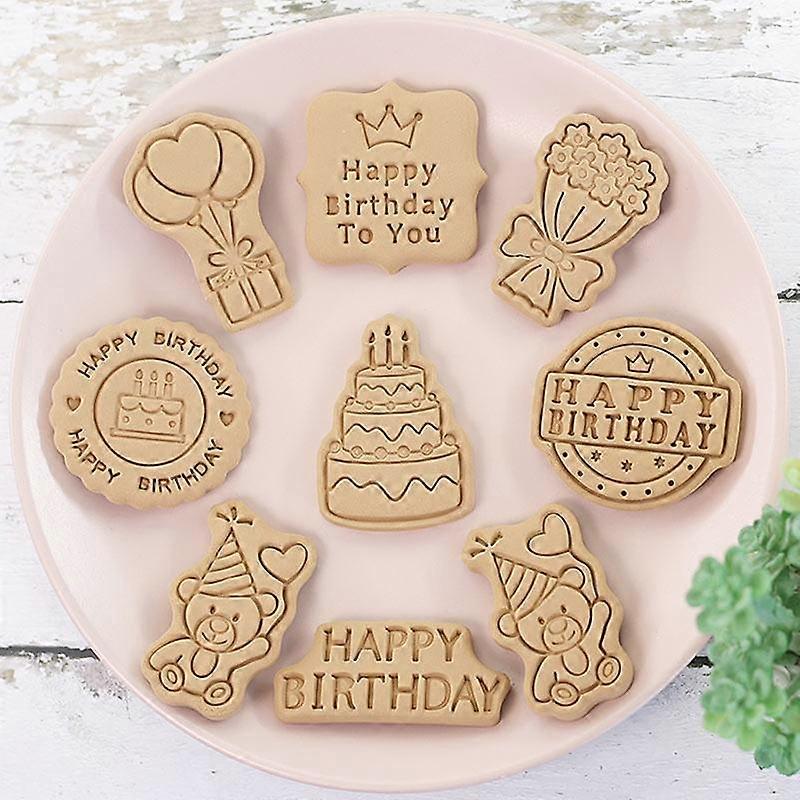 8Pcs Cookie Cutters Plastic 3D Birthday Theme Pressable Biscuit Mold Bakeware