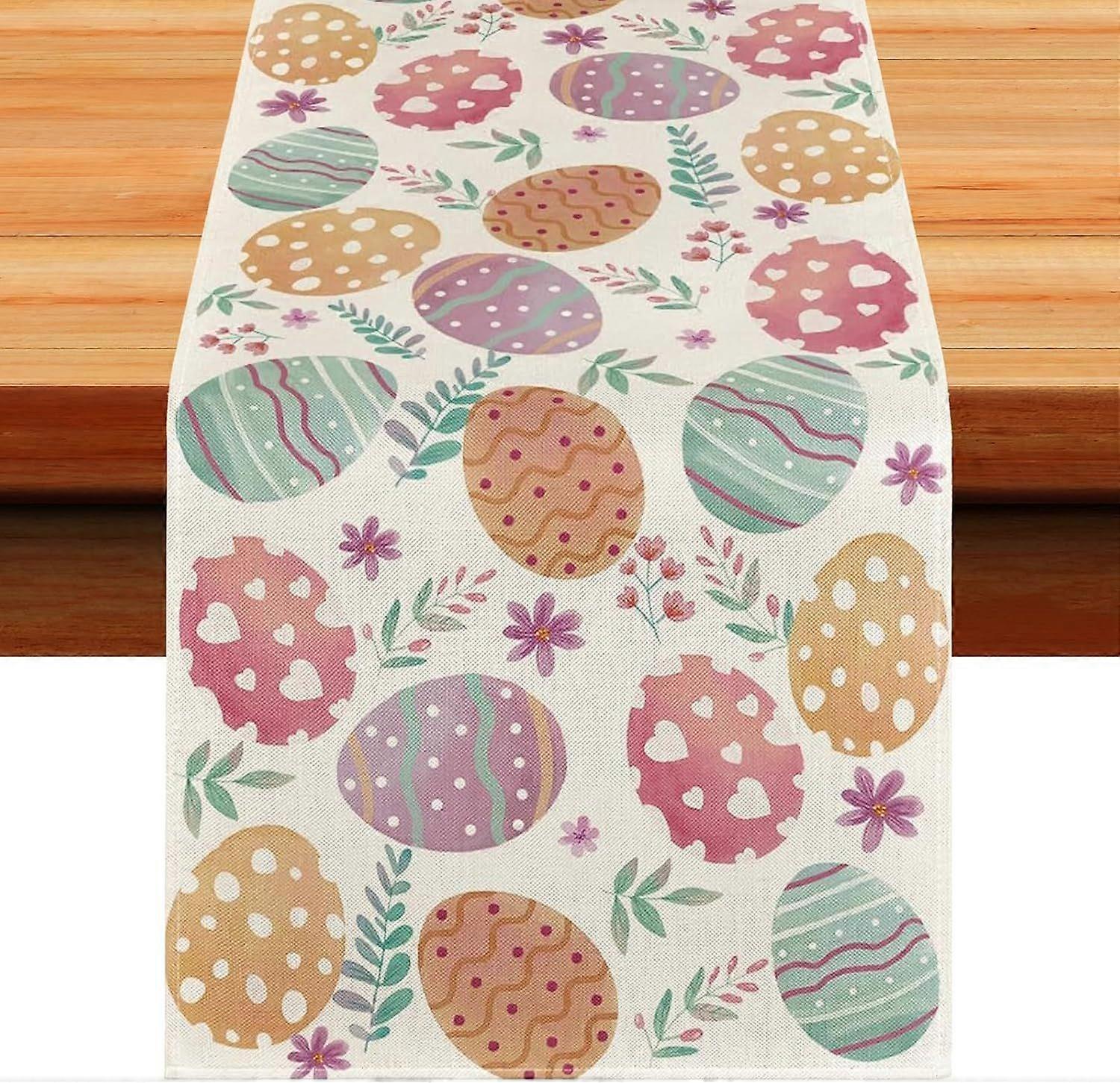 Easter Egg Table Runner, Easter Eggs Tablecloth, 33 x 180cm Linen Easter Tablecloth, Easter Spring Tablecloth, for Spring Kitchen Table Decoration, Ho