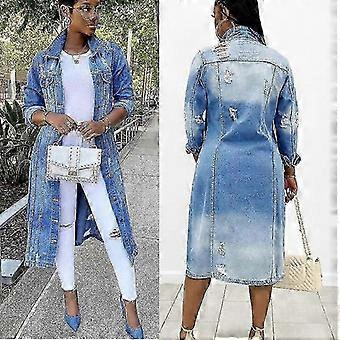 Trench-coat long en denim pour femme, automne-hiver, avec détails déchirés et fermeture boutonnée sur le devant