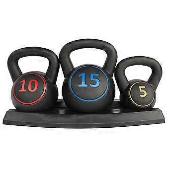 Ensemble de kettlebells de 5 kg, 10 kg et 15 kg, avec poignée antidérapante, équipement compact pour une salle de sport à domicile, idéal pour l'entraînement en force, le fitness et la rééducation.