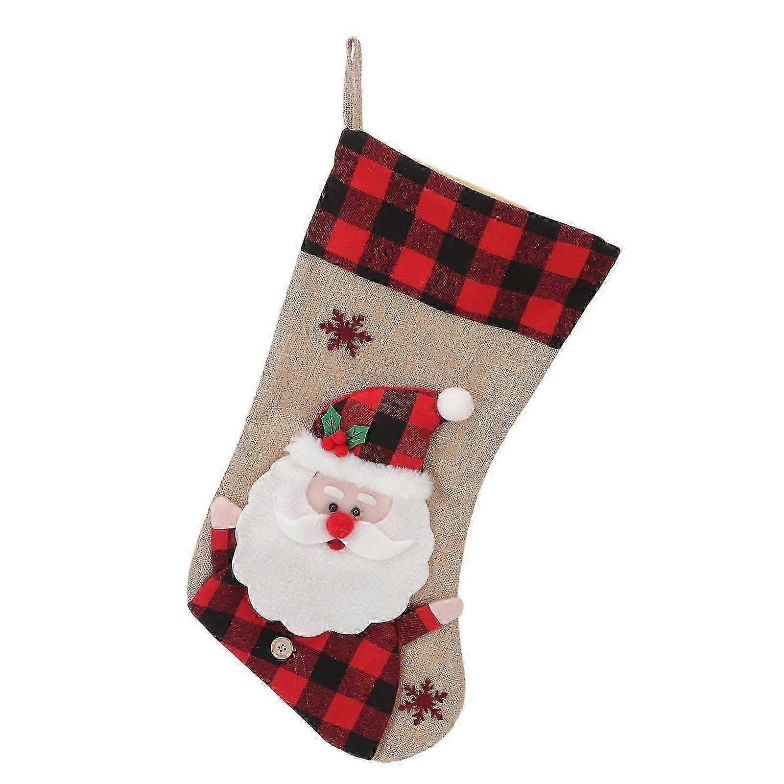 Burlap 3D Santa Plaid Christmas Stocking