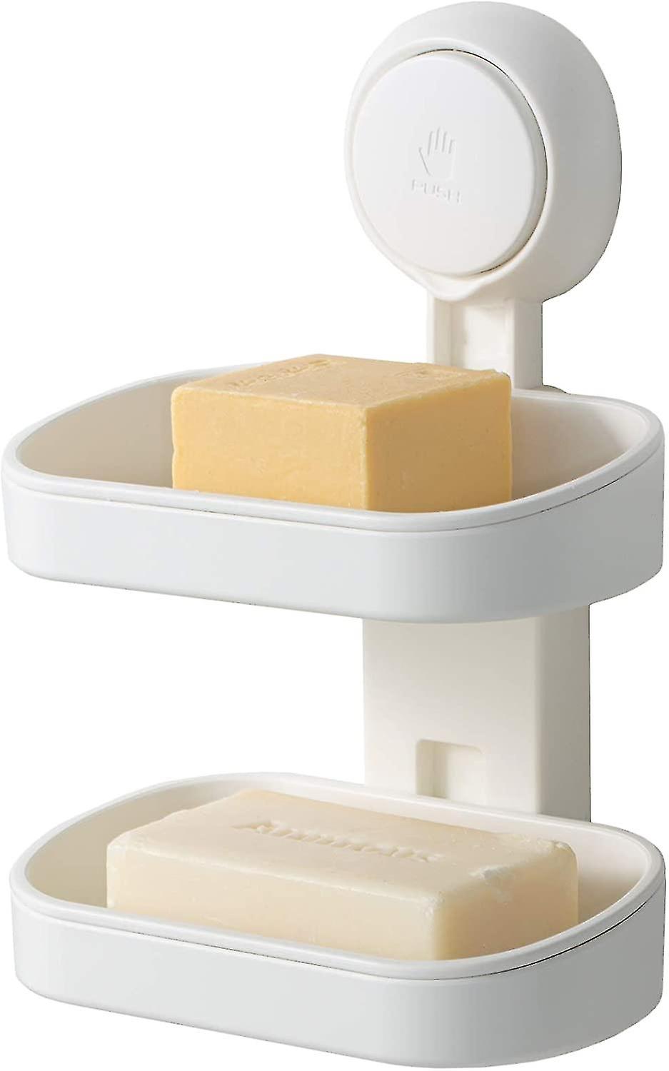 Double Layer Suction Soap Dish Without Drilling & Reusable 5kg Load 1 Second Installation Soap Holder For Tiles Shower Wall Bathroom Kitchen