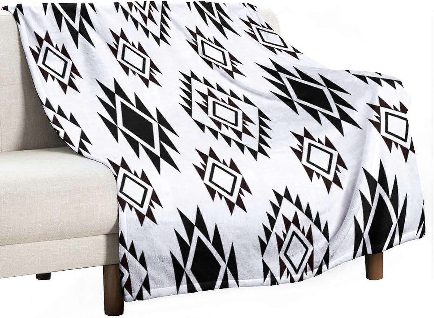 Boho kaste tæppe, sort og hvid indfødte tæpper, vintage stamme aztekisk trykt flannel tæppe til stol seng sofa sofa sofa 30 "x40"