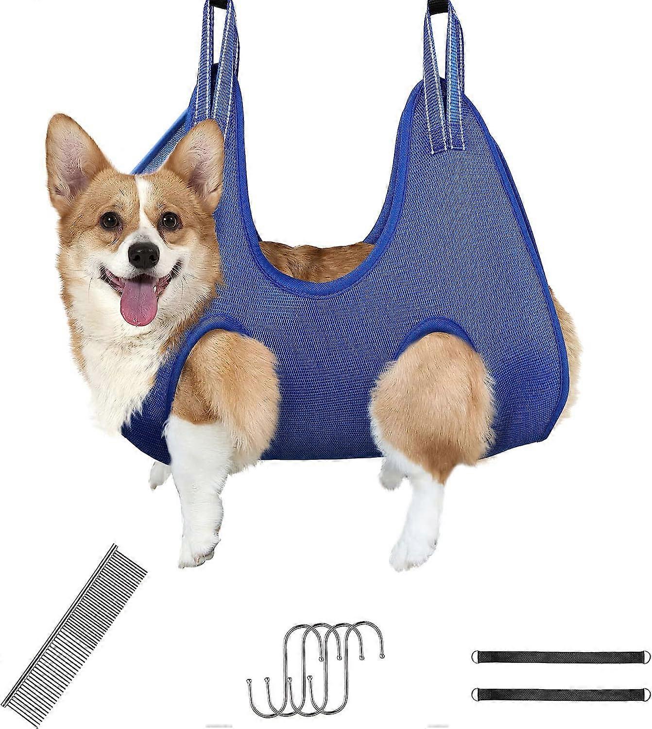 Dog Grooming Hammock Kit, Dog Hammock with 4 S-Shape Hooks with 1 Comb and 2 Straps, Breathable Fabric Pet Grooming Bag - Small, Blue