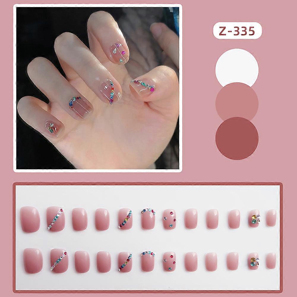 24Pcs Glossy Blush False Nails Colorful Gems Fake Nails for Women and Girls