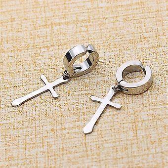 Non-pierced Clip On Cross Dangle Hoop Earrings Set, Stainless