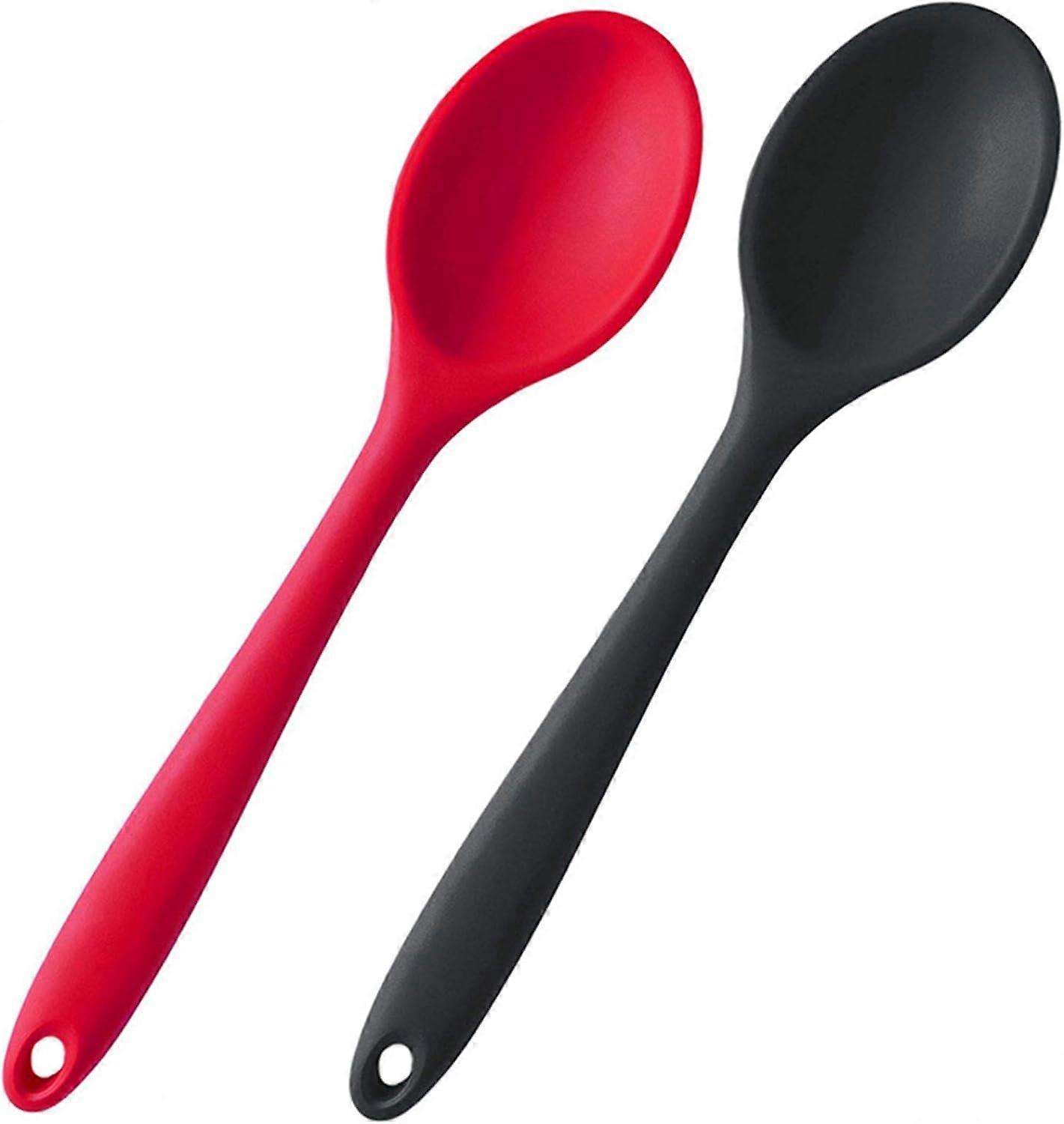 Silicone Nonstick Stirring Spoon Set 2, High Heat Resistant, Hygienic Design Cooking Baking Spoon Set for Stirring Red and Black with Color Box