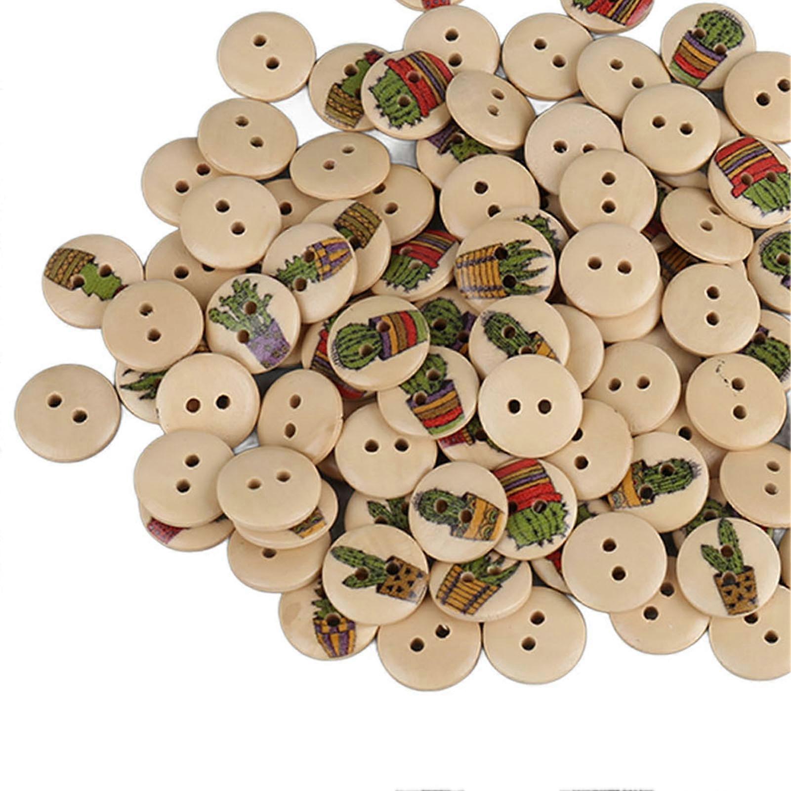 100pcs Mixed Printing Wooden Buttons 2 Holes Round Decorative Wooden Buttons for Sewing Craft Log Color Cactus